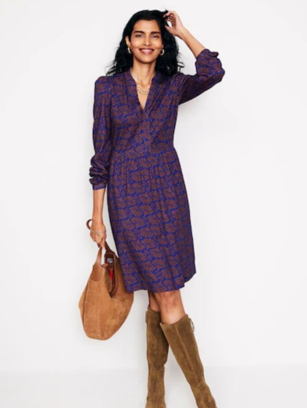 Boden Purple Floral-Print Long-Sleeve V-Neck Dress, Size 8R